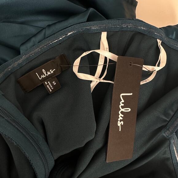 Lulus Stunning Arrival Dark Teal Satin Off The Shoulder Maxi Dress Formal S NWT - Picture 7 of 12